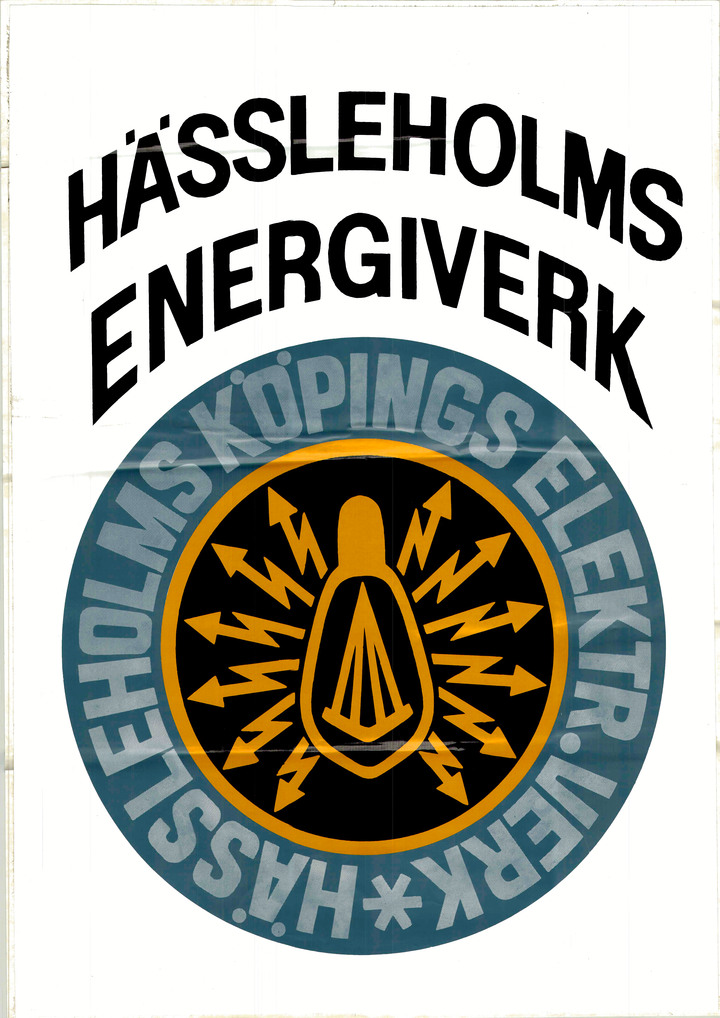 Loggan för Hässleholms Energiverk. text och en cirkel med en glödlampa sim skickar ut blixtar. 