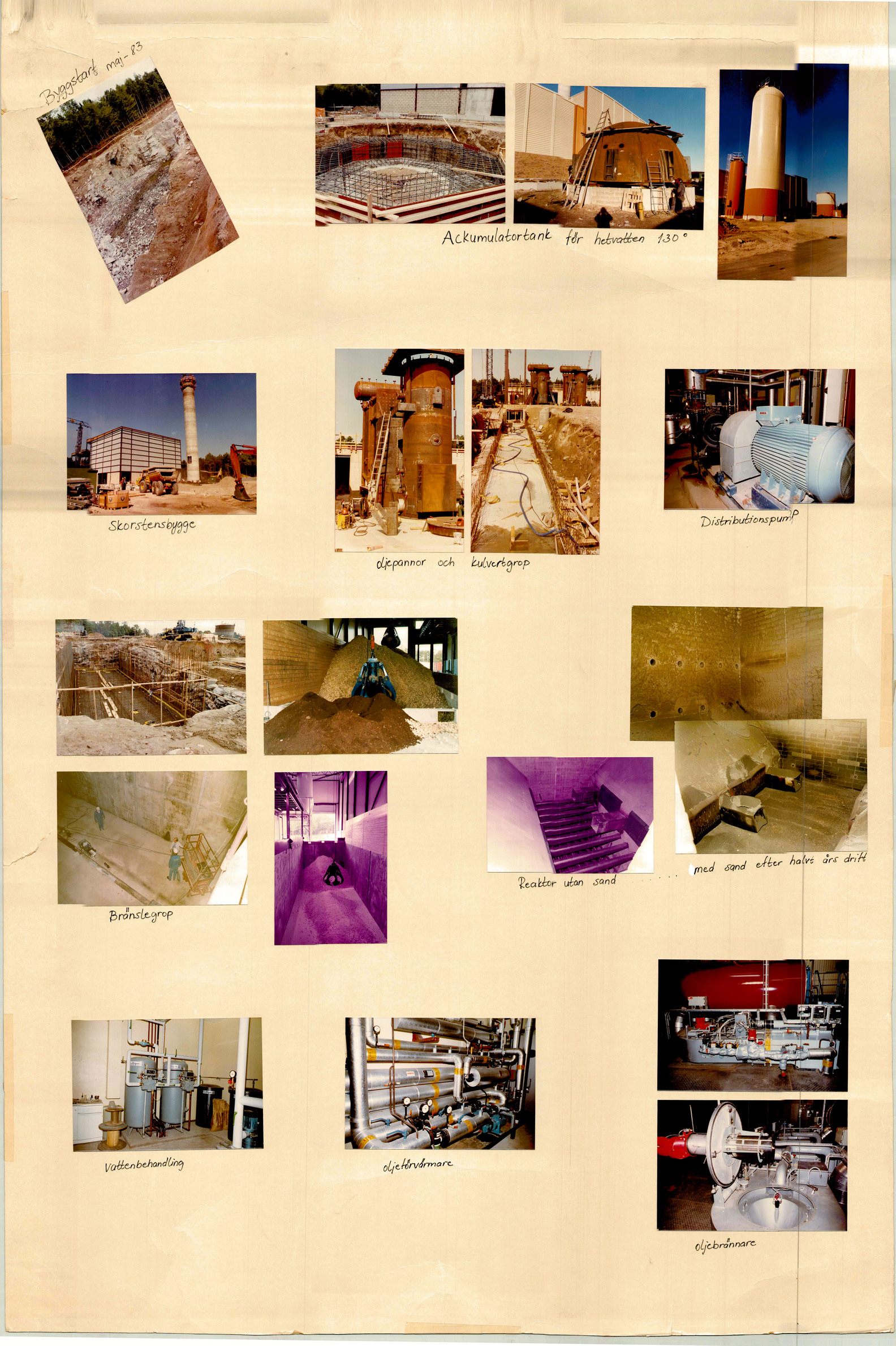 ett kollage av bilder från 1983 som visar olika delar av det framväxande värmeverket i Hässleholm. 